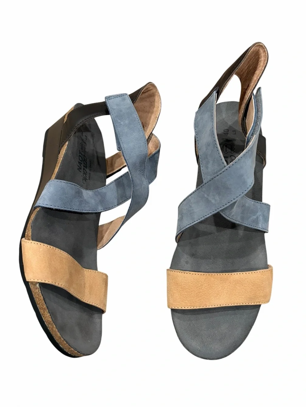 Naot Vixen Suede Leather Low Wedge Sandals Nude Feather Blue ab size 40 US9-9.5